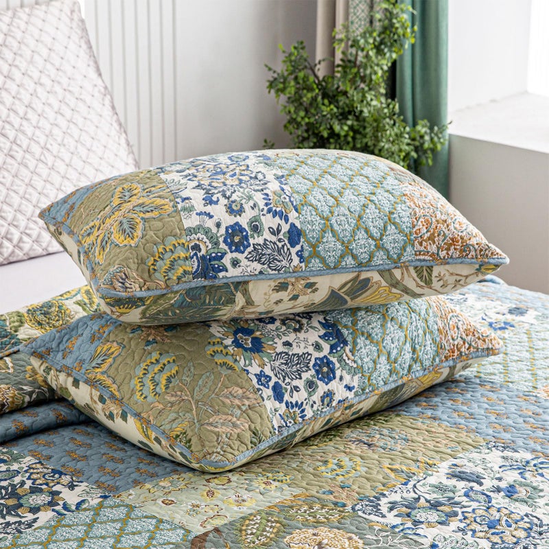 YAYIDAY Quilts Queen Size Patchwork Bedspread - 100% Cotton Reversible Breathable Green Leaves Quilted Quilt with Pillow Shams for All Seasons - Image 4